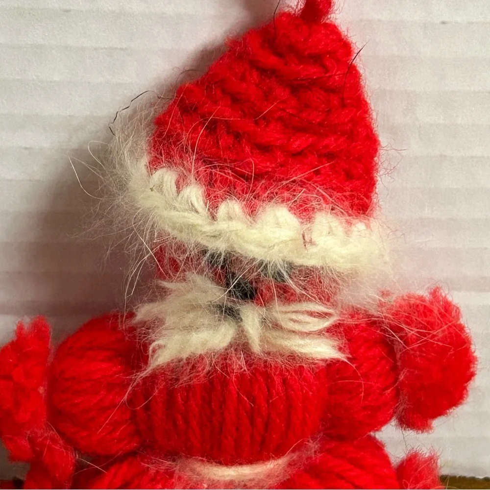 Vintage MCM Handmade Yarn Santa Claus Knitted Hat Red White 4” Plush ornament